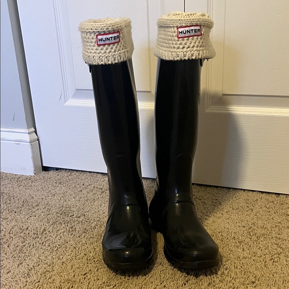 Hunter Black Rain Boots with White Knit Socks